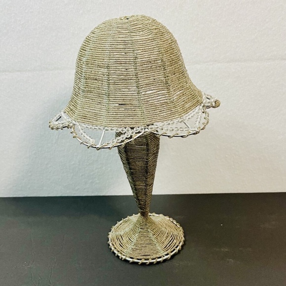 Beaded Tea Light Candle Holder Lamp and Shade Champagne Color Beads EUC - Picture 2 of 7